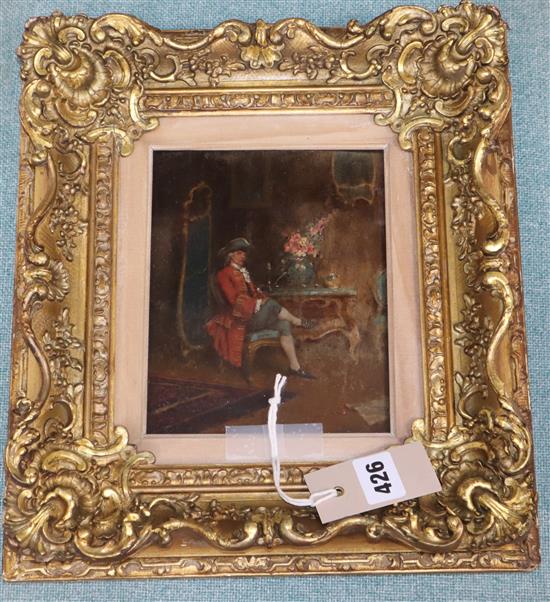Follower of Sir Peter Lely, portrait of a lady, oil on panel, in carved giltwood Florentine frame and a pair of French interior scenes,